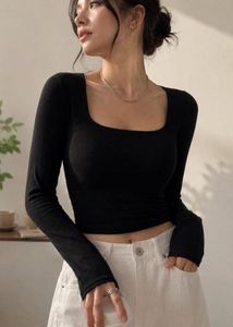 Black Square Neck Ribbed Long Sleeve Top
