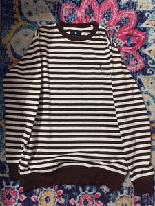 white and brown Striped Crewneck Sweater