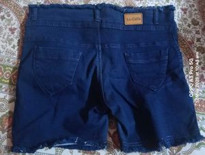 Blue Denim Shorts with Frayed Hem