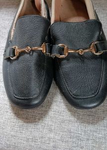 leather Black Loafer Flats with Gold Buckle