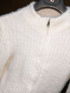 White Fuzzy Zip-Up Sweater