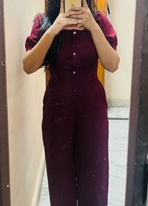 Elegant Maroon Puff Sleeve Jumpsuit |
