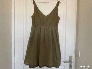 Olive Green Dress with Lace Trim