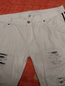 White Distressed Jeans with Side Stripes