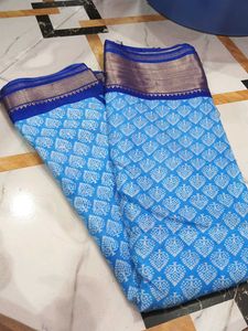Elegant Blue Saree with White Print