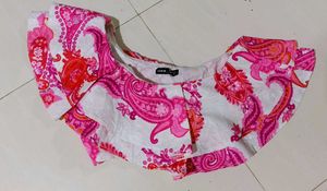SHEIN Pink One Shoulder Paisley Ruffle Top