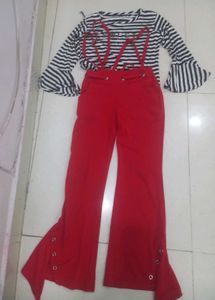 Chic Striped Top & Red Flare Pants Set