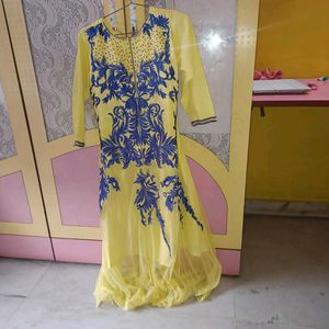 Stunning Yellow & Blue Embroidered Ethnic Gown