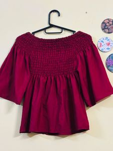 Maroon Off-Shoulder Smocked Top