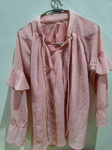 Chic Pink Ruffle Sleeve Tie-Neck Top