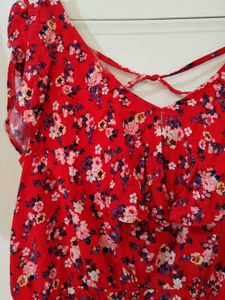 Red Floral Tie-Up Back Ruffle Top
