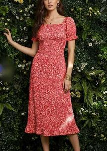 Berrylush Women Red Floral Smocked Dress