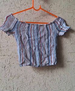 Striped Off-Shoulder Smocked Crop Top