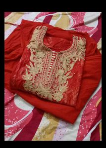 Red Kurta with Embellished Neckline