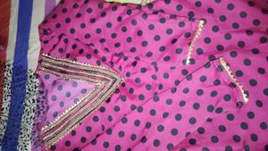 dark Pink Polka Dot Kurta Set with Pants