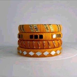 Set of 4 Yellow Thread Bangles with Mirror Work🧡