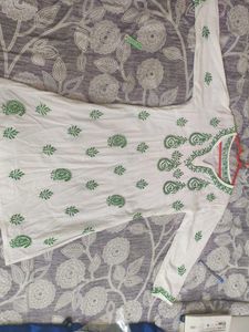 White Kurta with Green Paisley Print