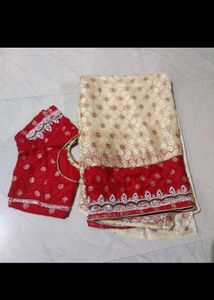 Embellished Cream and Red Saree