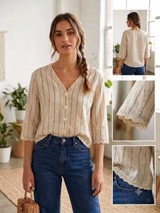Khadi Striped Lace Trim Button-Up Top