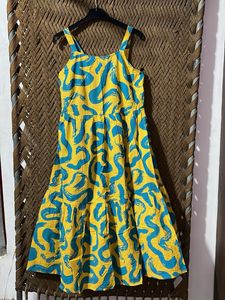 Yellow &amp; Teal Abstract Print Midi Dress