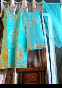 4 color Beautiful Teal Kurta Set with Golden Embro
