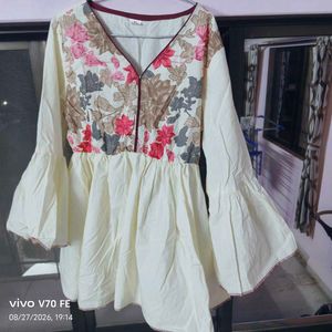 Cream Bell Sleeve Kurta with Floral Print