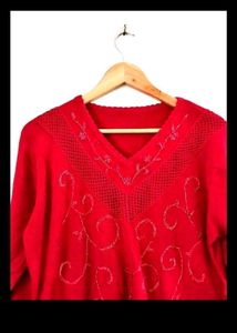 Red V-Neck Embellished Sweater
