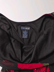 Eva Blue Y2K Beaded Black Rose Print Dress