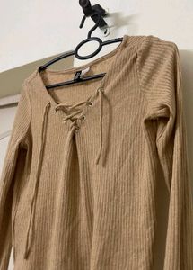 Ribbed Lace-Up Long Sleeve Top