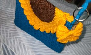 Handmade Crochet Blue Bag with Sunflower