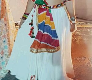 White Lehenga Set with Colorful Scarf