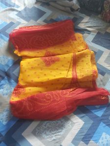 Vibrant Yellow &amp; Red Bandhani Saree