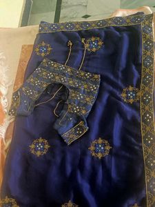 Royal Blue Embroidered Saree with Blouse