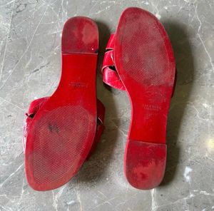 Zara Genuine LEATHER Red Basic Slides