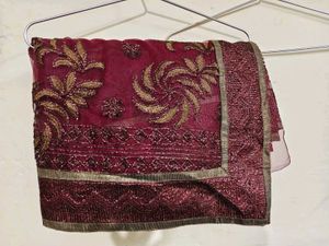 net Embroidered Maroon Saree