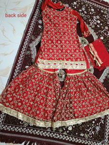 Red Embroidered Kurta Set with Sharara