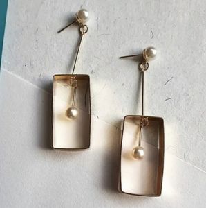 Gold Rectangular Pearl Earrings