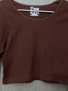 Brown Ribbed Long Sleeve Crop Top