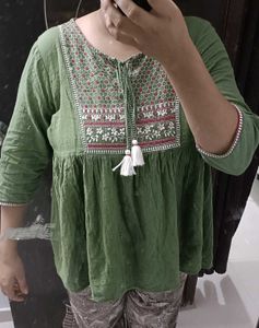 Boho Embroidered Green Tunic Top