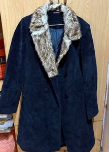 Women's Dark Blue Coat with Fur Collar