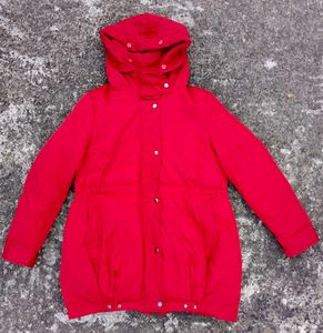 Vibrant Red Puffer Jacket with a Hoodie