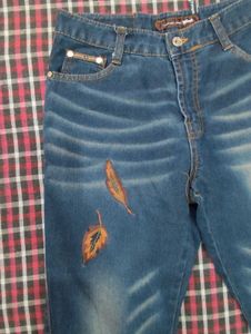Flared Whimsical Autumn Inspired Leaf Design Jeans