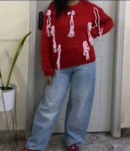 Newme Pinteresty Chunky Knit Red Sweater with Bows