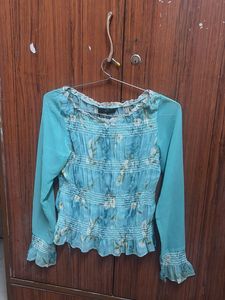 Blue Floral Print Sheer Blouse