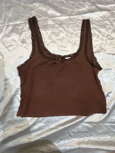 H&amp;M brown lace trimmed top