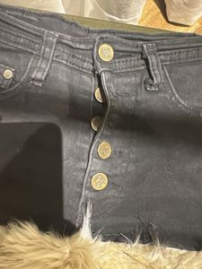 Black Denim Mini Skirt with Fur Trim