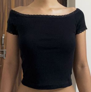 Black Off-Shoulder Lace Trimmed Top