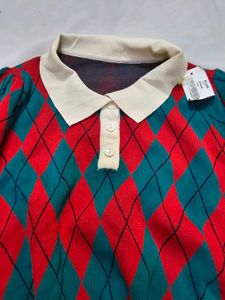 SHEIN Retro Argyle Polo Pattern Puff Sleeve Knit T
