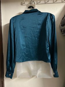 Teal Satin Double-Breasted Blazer Top