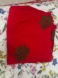 Elegant Red Designer Saree with Gold Embroidery
